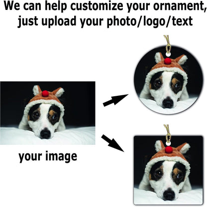 Personalized Christmas Ornament, Add Photo Text or Art Design and Make Your own Customized Porcelain Ceramic Ornament, Gold String and Gift Bag Included (Square)