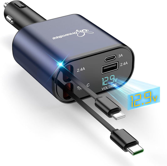 DreamBee Retractable Car Charger,66W 4 in 1 Super Fast Charge Car Phone Charger,Gifts for Men Women Car Truck Accessories for iPhone 15/14/13/12 Pro Max XR,iPad,Samsung,Pixel-Blue