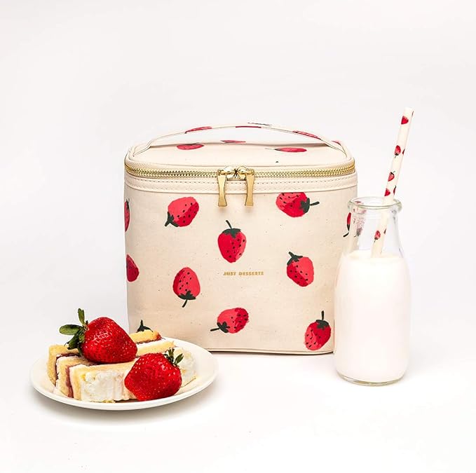 kate spade new york Beige Lunch Bag, Small Insulated Lunch Tote, Thermal Bag with Double Zipper and Carrying Handle, Strawberries