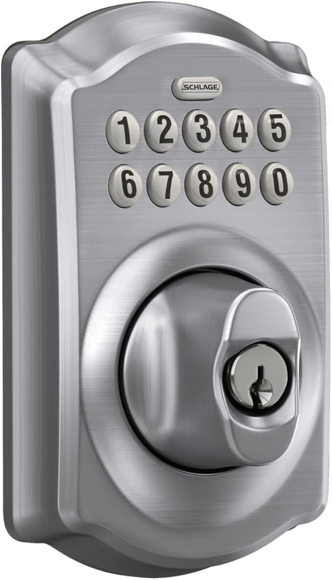 Schlage BE365 CAM 626 Camelot Keypad Deadbolt, Electronic Keyless Entry Lock, Satin Chrome