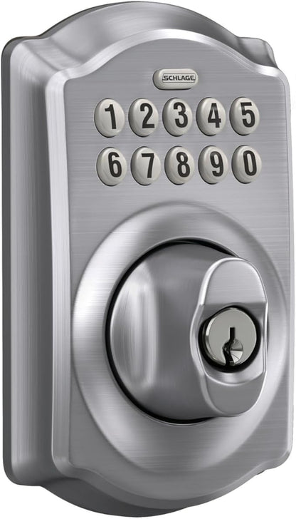 Schlage BE365 CAM 626 Camelot Keypad Deadbolt, Electronic Keyless Entry Lock, Satin Chrome