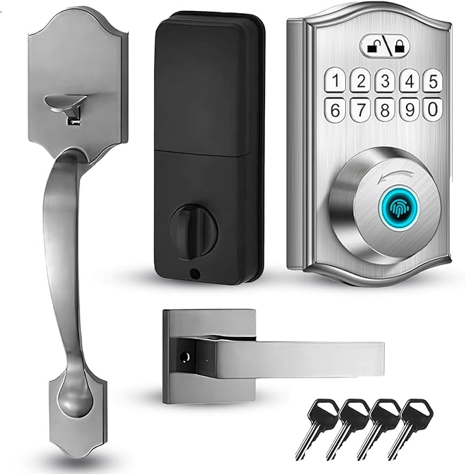 Keypad & Fingerprint Keyless Entry Front Door Lock with Handle Set, Digital Electronic Deadbolt Code Lock for Exterior Door, Auto Lock, One Time Code, Anti Peeping, Holiday & Silent Mode