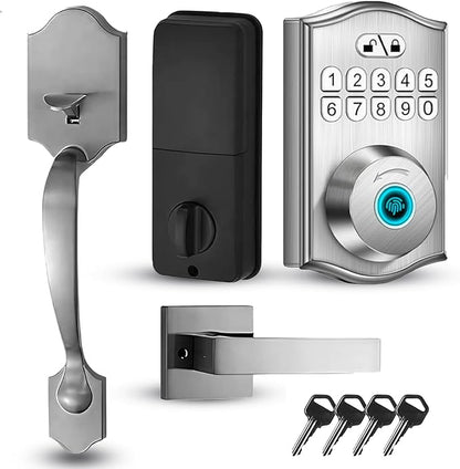 Keypad & Fingerprint Keyless Entry Front Door Lock with Handle Set, Digital Electronic Deadbolt Code Lock for Exterior Door, Auto Lock, One Time Code, Anti Peeping, Holiday & Silent Mode