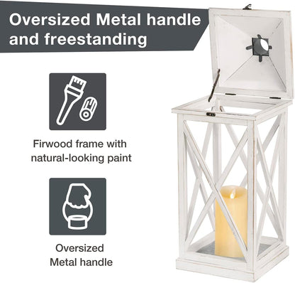 Glitzhome Mondern Farmhouse Wooden Lantern Hanging Decorative Candle Lantern for Outdoor & Indoor Wash White Set of 2 (No Glass)
