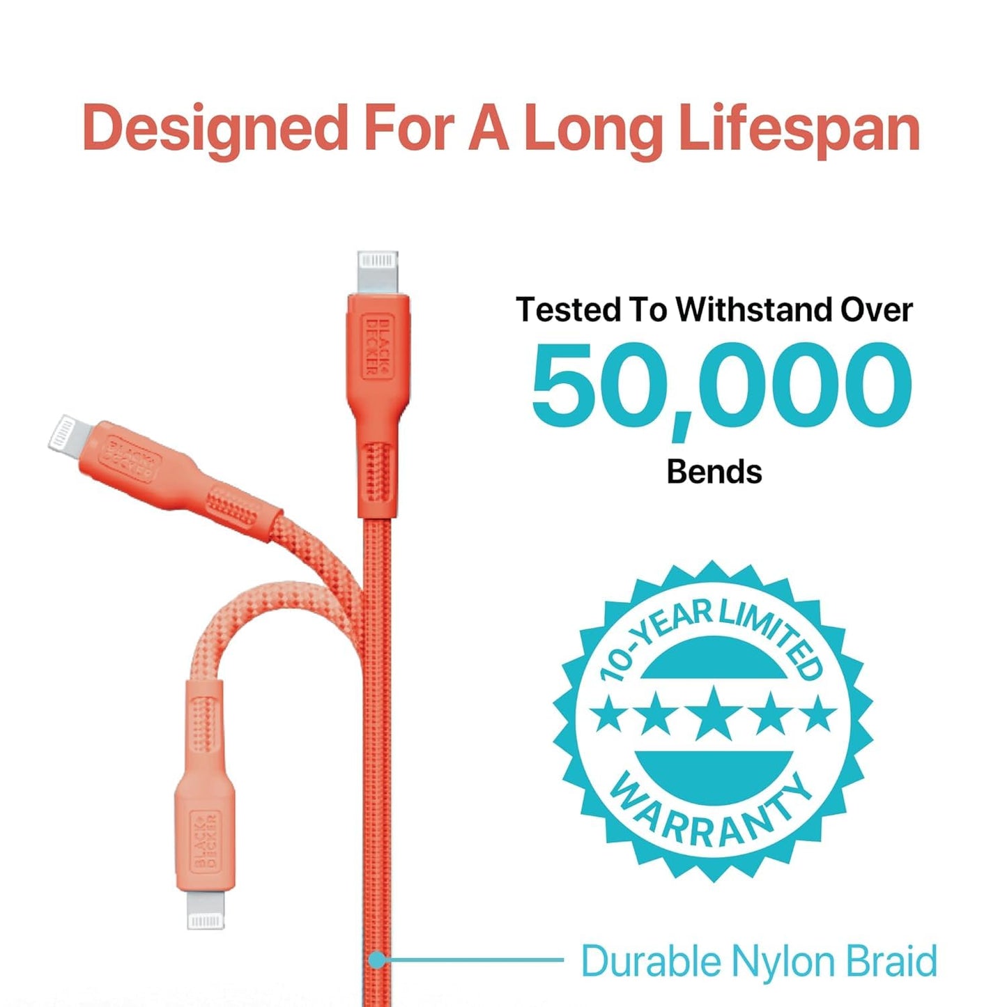 BLACK+DECKER Lightning to USB Cable - Fast Compatible iPhone Lightning Cable - Durable Braided iPhone Charger Cord - for Travel and Daily Use - Multiple Color + Length Options - 6ft