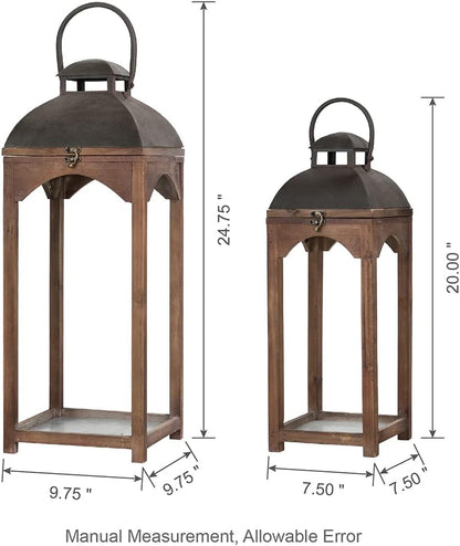 Glitzhome Set of 2 Mondern Farmhouse Wooden Lantern Hanging Decorative Candle Lanterns for Outdoor & Indoor Brown (No Glass)