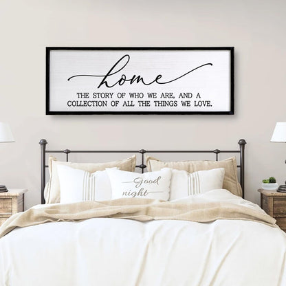 Home The Story of Who We Are Sign Farmhouse Family Wall Decor 32x12 Inch Plaque Wood Framed Art for Hanging (Black)