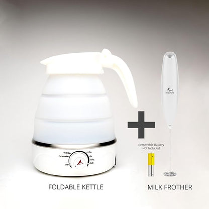 Nikao Home Foldable Electric Kettle With Milk Frother and Foldable Cup –Travel Kettle, Portable Tea Kettle for Travel, Mini Collapsible Water Warmer, Compact Design for Easy Storage and Quick Heating.