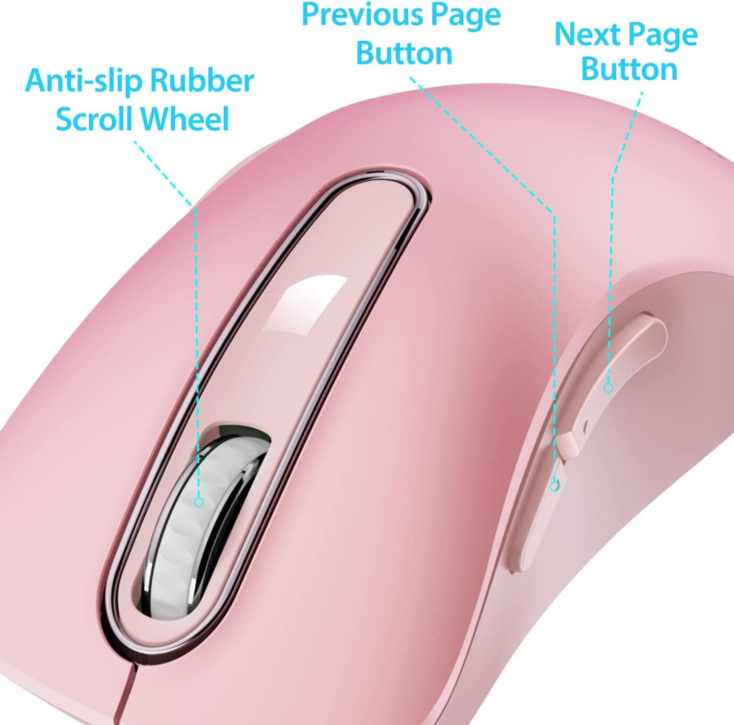 memzuoix 2.4G Wireless Mouse, 1400 DPI Mobile Optical Cordless Mouse with USB Receiver, Portable Computer Mice for Laptop, PC, Desktop, MacBook, 5 Buttons (Pink)