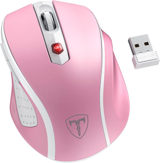 D-09 Wireless Mouse for Laptop - Ergonomic Plus Computer USB Cordless Mice, Ergo Grips, Lightspeed 5-Level 2400 DPI, 16 Months Battery, Portable for PC Mac Chromebook, 6 Button, Flamingo Pink