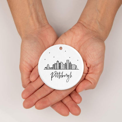 Andaz Press Round Ceramic Porcelain Christmas Tree Ornament Keepsake, Pittsburgh Black and White Stars City Skyline Graphic, 1-Pack, Birthday Gift Family Coworker Him Her, Includes Gift Box