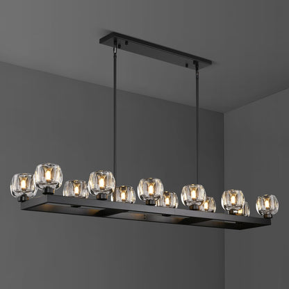 59 Inch Black Rectangle Wagon Wheel Chandeliers, Black Chandelier for Dining Room Over Table, Modern Crystal Long Chandelier, Farmhouse Large Linear Chandeliers for Kitchen Island