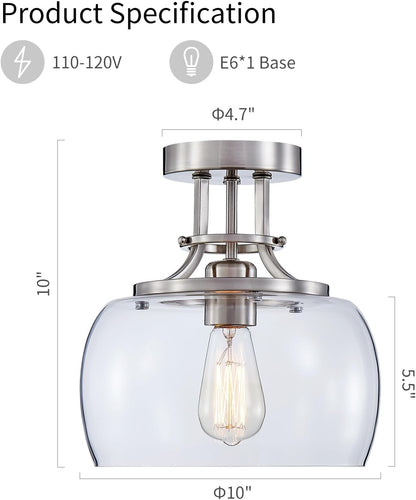 WUZUPS Chandelier Rustic Farmhouse Industrial Round Semi-flushmount Ceiling LED Light Fixture with Clear Glass Shades for Bathroom Kitchen Foyer Entryway, H 10" x W 10", E26 Base, Brushed Nickel