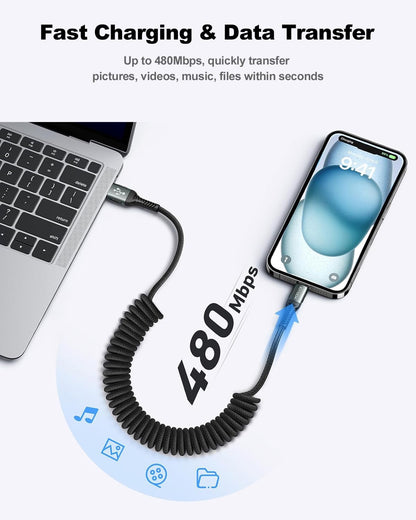USB C Cable Coiled 6FT 2Pack, Braided USB A to Type C Charger Cable for Car 66W Fast Charging Cord Compatible with iPhone 16 15, iPad, Samsung Galaxy, Google Pixel, Moto, TCL, LG Phones