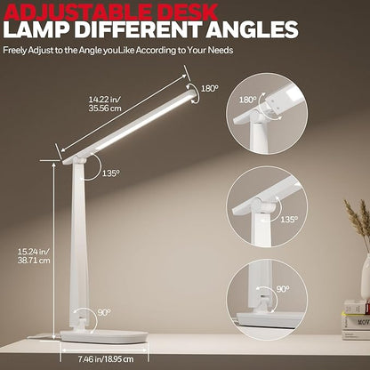 Honeywell LED Desk Lamp for Home Office, Eye-Caring Light with 4 Color Modes & Touch Control, USB A+C Charging Ports, Adjustable Rotating Head with Timer for Reading, Bedroom & Small Desks