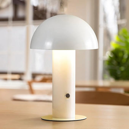 JONATHAN Y 10.75" White Rechargeable LED Mushroom Table Lamp, Cordless Portable Bedside Lamp for Living Room Bedroom, 3-Way Dimmable Modern Iron Desk Light, Metal Shade (JYL7115B)