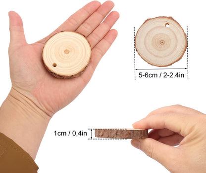 100 PCS 2 Inch - 2.4 Inch Small Wood Slices, Mini Wood Slices with Hole for DIY Arts Craft Christmas Ornaments