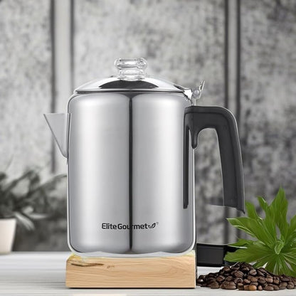 Elite Gourmet EC008 Classic Stovetop Coffee Percolator, Glass Clear Brew Progress Knob, Cool-Touch Handle, Cordless Serve, 8-Cup, Stainless Steel