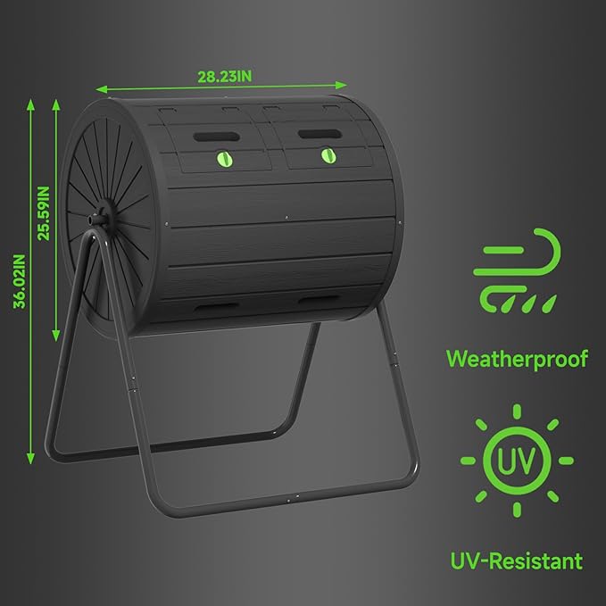 Dual Chamber Tumbling Composter 45 Gallon Large Outdoor Tumbling Composter Efficient Batch Composting Easy Turn Design (Black 45Gal)