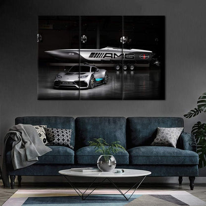 TUMOVO 3 Pieces Car Pictures Wall Art Framed Sports Car in Cool Gray Style Poster Canvas Print Vintage Western Decor for Home Office Living Room Man Bedroom - 40 x 20inch x 3 Panels