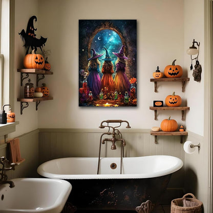 Witch Poster Halloween Fall Wall Art Decor,Three Witches with Magic Potion Mirror Colorful Vintage Print,Dark Academia Spooky Canvas Art Prints for Home Living Room,16"x24" Unframed