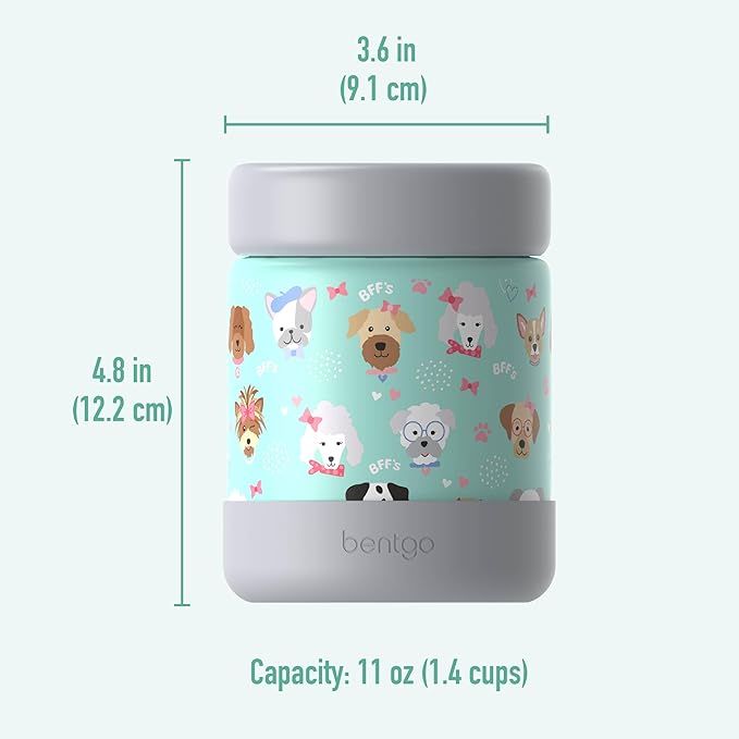 Bentgo Kids Stainless Steel Food Jar - 11oz Leak-Proof Double Insulated Hot or Cold Food Container with Removable Silicone Bumper, Dishwasher Safe, Easy Open Lid, Ages 3+ (Puppy Love)
