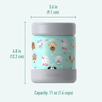 Bentgo Kids Stainless Steel Food Jar - 11oz Leak-Proof Double Insulated Hot or Cold Food Container with Removable Silicone Bumper, Dishwasher Safe, Easy Open Lid, Ages 3+ (Puppy Love)