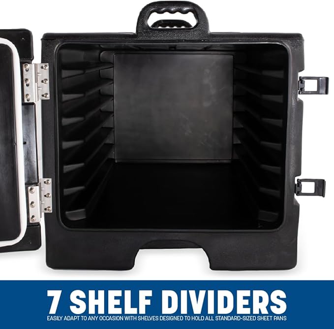 Carlisle FoodService Products Insulated Food Pan Carrier, Holds 7 Sheet Pans (Sold Separately), Front-Loading Cateraide with Handles, Rugged PE Shell with PU Insulation, Black