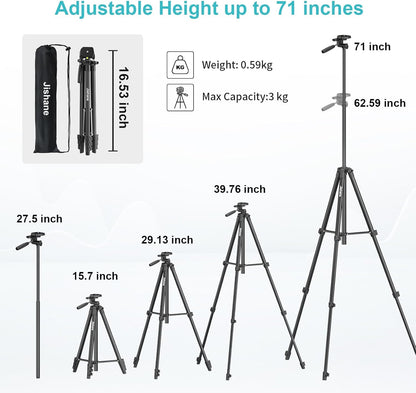 71" Camera Tripod, Versatile Cell Phone Tripod with Wireless Remote Phone Holder and Carry Bag, Lightweight Portable Camera Tripod Stand Compatible with Smartphone Cameras, Max Load 6.6 lbs