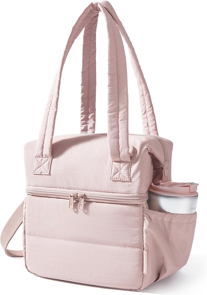 BAGSMART Double Deck Lunch Bag Women, Insulated Reusable Lunch Box, Quilted Puffer Lunch Tote with Shoulder Strap, Durable Large Lunch Cooler For Work Picnic Travel Meal Prep Flight, Pink