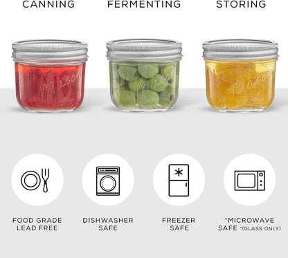 JoyJolt 8 Oz Mason Jars With Lids, Labels and Measures! 6-Pack Wide Mouth Mason Jars, Glass Jar with Lid and Band. Airtight Canning Jars, Overnight Oats Jars, Salad Jars, Sourdough Starter Jar