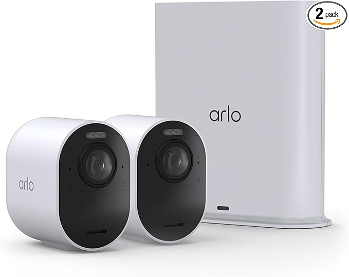 Arlo Ultra Security Camera 4K HDR (3rd Gen, 2025 Release) + SmartHub, Battery Power, Emergency Response, AI Event Captions, 1-Month Trial of Secure Plan, 180° Field of View, 2 Cam, White