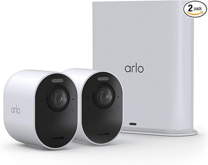 Arlo Ultra Security Camera 4K HDR (3rd Gen, 2025 Release) + SmartHub, Battery Power, Emergency Response, AI Event Captions, 1-Month Trial of Secure Plan, 180° Field of View, 2 Cam, White
