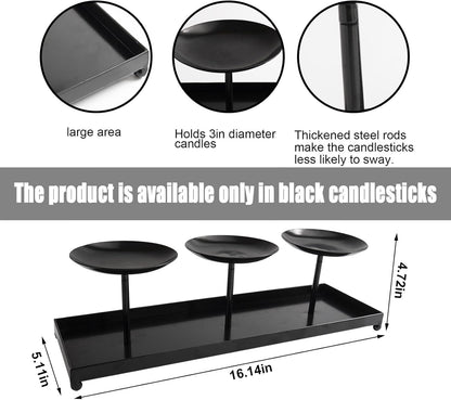 3 Pillar Black Metal Candle Holders for Table Centerpiece, Fall Thanksgiving & Halloween Dining Table, Fireplace Mantel Decor, Tray Candlestick for Living Room Rustic Decorations