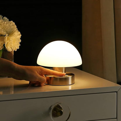 JONATHAN Y 5.75" Nickel/White Rechargeable Portable LED Table Lamp, Cordless Mushroom Accent Light for Bar, Nightstand, with Frosted White Glass Shade (JYL7113B)