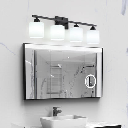 Milk Glass Vanity Lights for Bathroom, 4 Light Matte Black Bathroom Light Fixtures Over Mirror, Ceramic E26 Sockets Wall Mounted