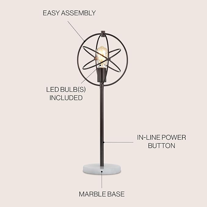 JONATHAN Y 26.75" Oil Rubbed Bronze Atomic Caged LED Table Lamp, Industrial Modern Metal Desk Lamp with White Marble Base for Living Room Bedroom, LED Bulb Included JYL1091A