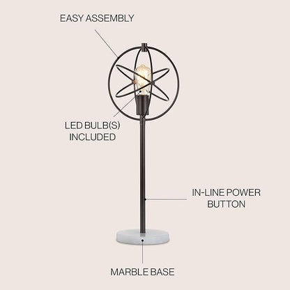 JONATHAN Y 26.75" Oil Rubbed Bronze Atomic Caged LED Table Lamp, Industrial Modern Metal Desk Lamp with White Marble Base for Living Room Bedroom, LED Bulb Included JYL1091A