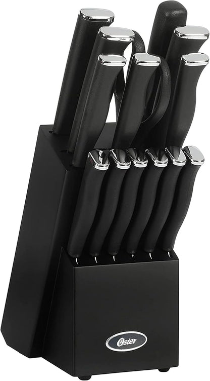Oster Langmore 15-Piece Stainless Steel Knife Block Set with Black Handles – Full Kitchen Cutlery Set in Black Storage Box