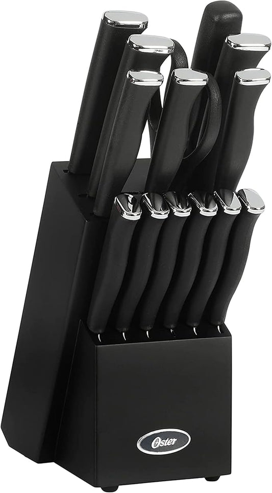 Oster Langmore 15-Piece Stainless Steel Knife Block Set with Black Handles – Full Kitchen Cutlery Set in Black Storage Box