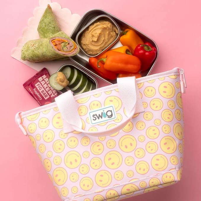 Swig Life Lunchi Lunch Box, Waterproof and Insulated Lunch Box for Women with Wide Bottom, Zipper Closure, Back Pocket and Top Handle in Oh Happy Day