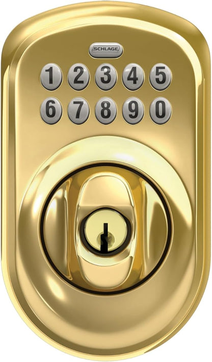 Schlage BE365 V PLY 505 Plymouth Keypad Deadbolt, Electronic Keyless Entry Lock, Bright Brass