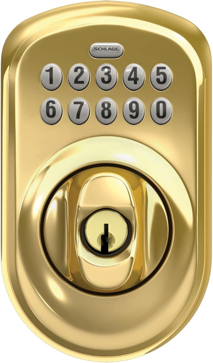 Schlage BE365 V PLY 505 Plymouth Keypad Deadbolt, Electronic Keyless Entry Lock, Bright Brass