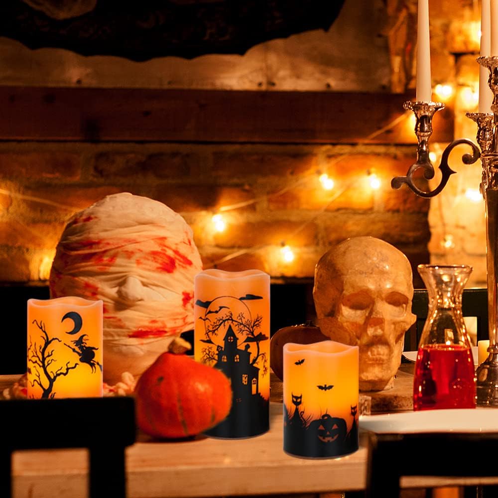 GenSwin Halloween Candles with Timer, Flickering Flameless Candles Battery Operated, 3 Pack Real Wax Pillar Candles for Halloween Home Decorations(D3” x H4”5”6”)