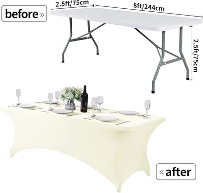2Pack Spandex Table Cover for 8FT or 4ft or 6ft Table Universal Fitted Stretch Tablecloth for Party, Banquet, Wedding and Events-Ivory