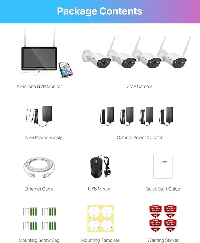 ZOSI 8CH 2K Wi-Fi 6 Security Camera System with 12'' LCD Monitor,4pcs 3MP Plug-in WiFi Cameras Indoor Outdoor,AI Person Detection,Color Night Vision,2 Way Audio,1TB HDD for Home 24/7 Recording