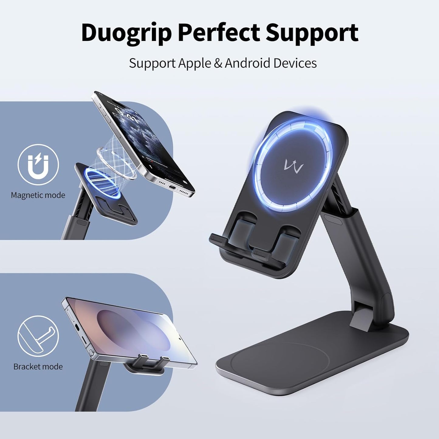 iWALK Magnetic Cell Phone Stand for Desk, Angle and Height Adjustable Mobile Phone Holder, Foldable Magnet Stand for iPhone 16 15 14 13 12 Pro Max and iPad, Cell Phone Holder for Samsung Galaxy, Black