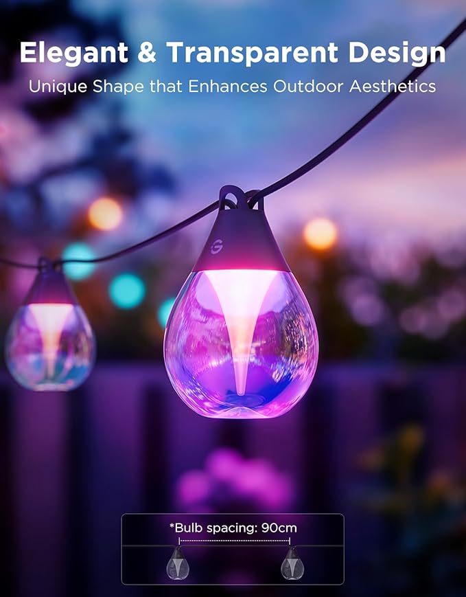 Govee Outdoor Clear Bulb String Lights, 48ft RGBWIC Outdoor String Lights with 15 Dimmable Warm White LED Bulbs, 111 Scene Modes for Patio, Backyard, IP67 Waterproof, Works with Alexa, Google & Matter