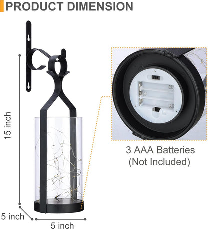 Metal Wall Sconce 35 Led Lantern Set of 2 - Black Wall Mounted Hanging Holder with Glass & Candles Vintage Wall Decor for Porch, Living Room, Dining Room, Bedroom Indoor Decor