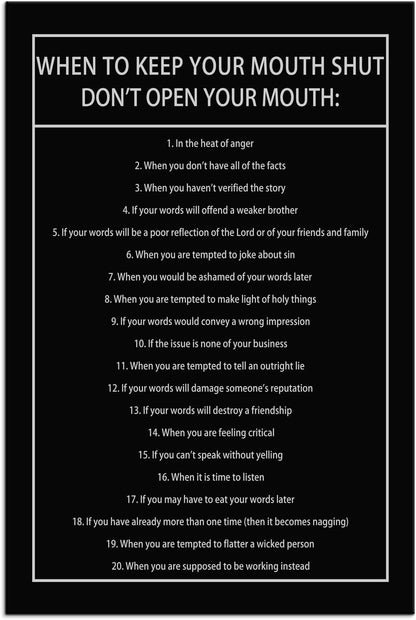 When to Keep Your Mouth Shut Don't Open Your Mouth Inspirational Canvas Wall Art Life Learning Poster Prints Artwork for Living Room Modern Home Decor Painting Stretched and Framed [12''Wx 18''H]